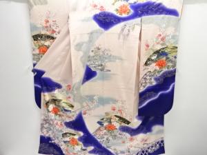 アンティーク　地紙に孔雀・草花模様振袖